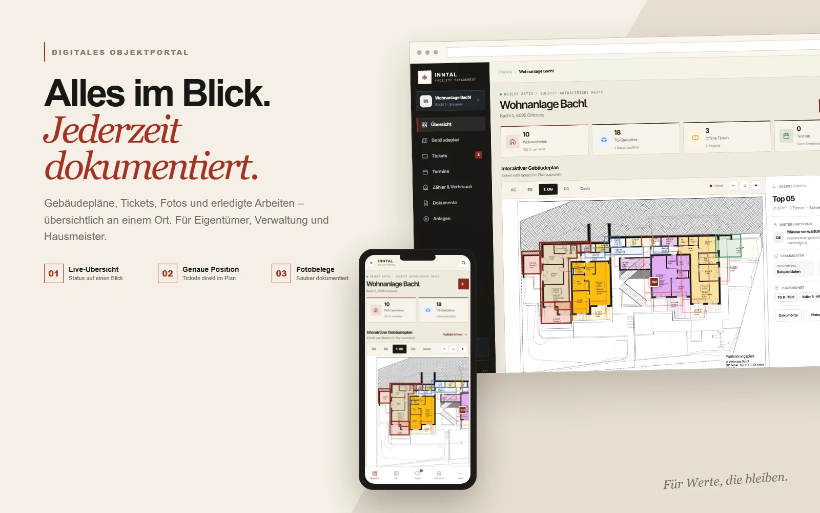 Objektportal mit Live-Übersicht, Gebäudeplan und mobiler Ansicht